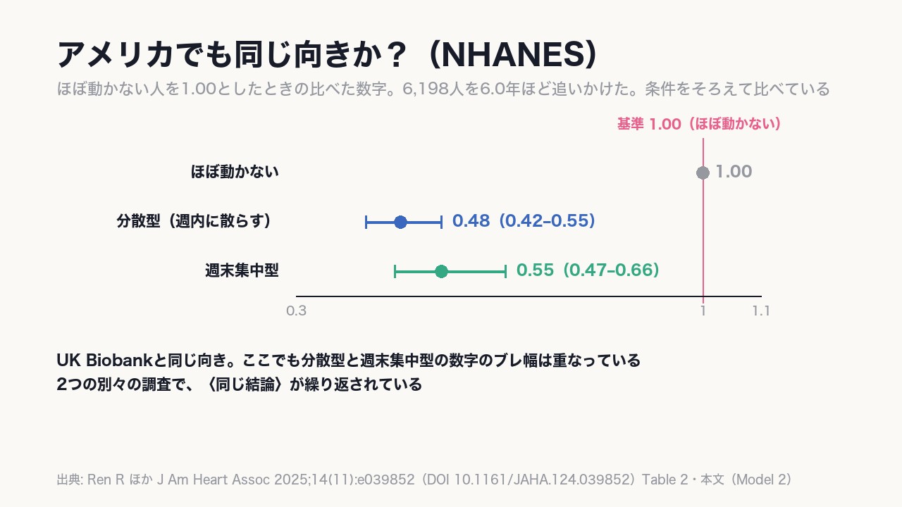 NHANESでは分散型が0.48(0.42–0.55)、週末集中型が0.55(0.47–0.66)で、イギリスとは順番が入れ替わる。それでも〈数字のブレ幅は重なる〉。