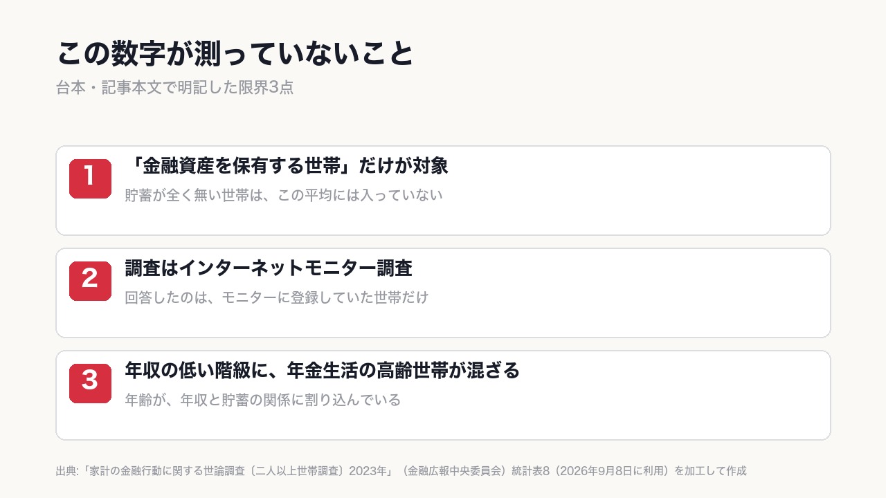 この統計表は〈金融資産を保有する世帯〉だけが対象で、貯蓄ゼロの世帯は含まれない。調査はインターネットモニター調査で、回答したのは登録世帯だけ。